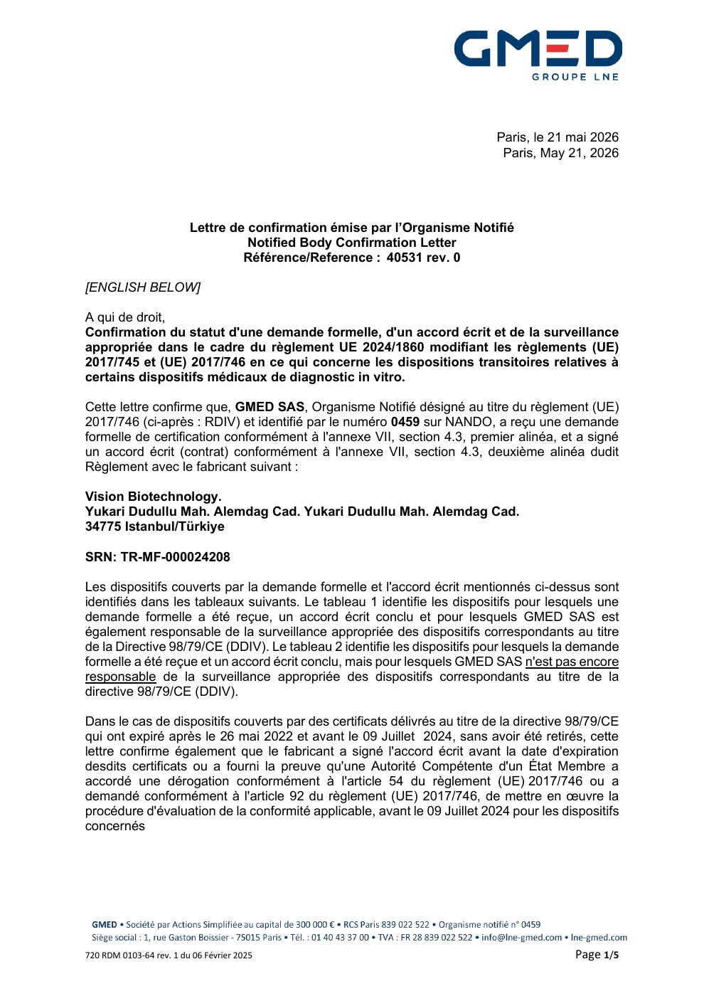 GMED IVDR Confirmation principal document page