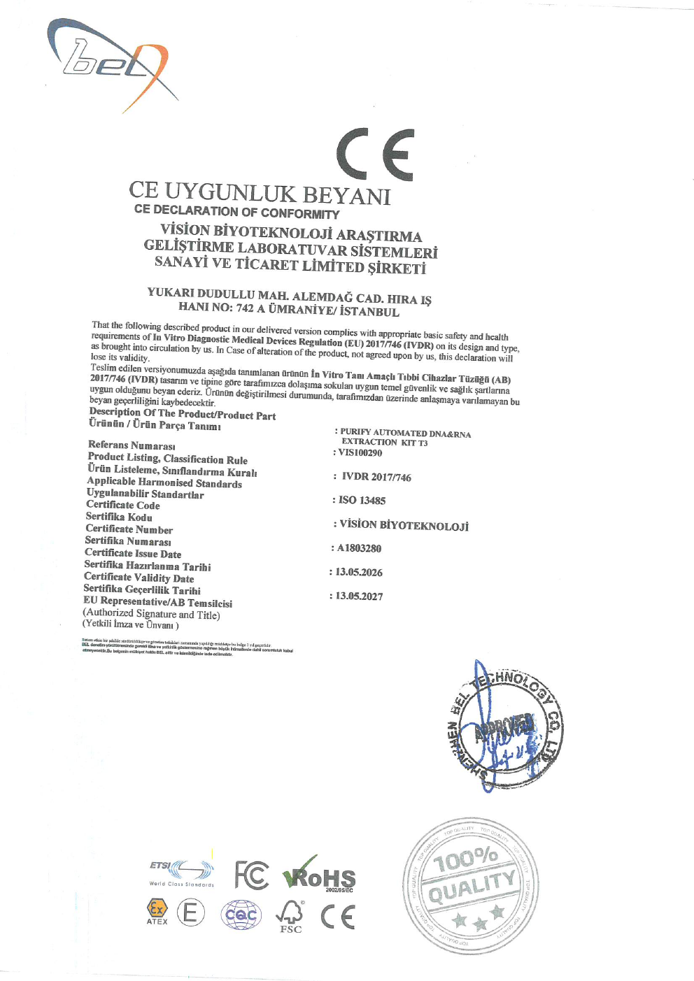 PURIFY Automated DNA & RNA Extraction Kit T3 · CE Declaration of Conformity principal document page